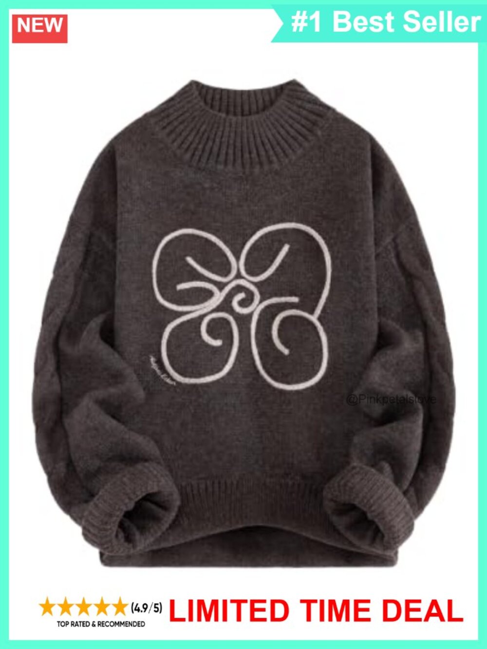 Oversized Knit Pullover Sweater Mock Neck Flower Graphic